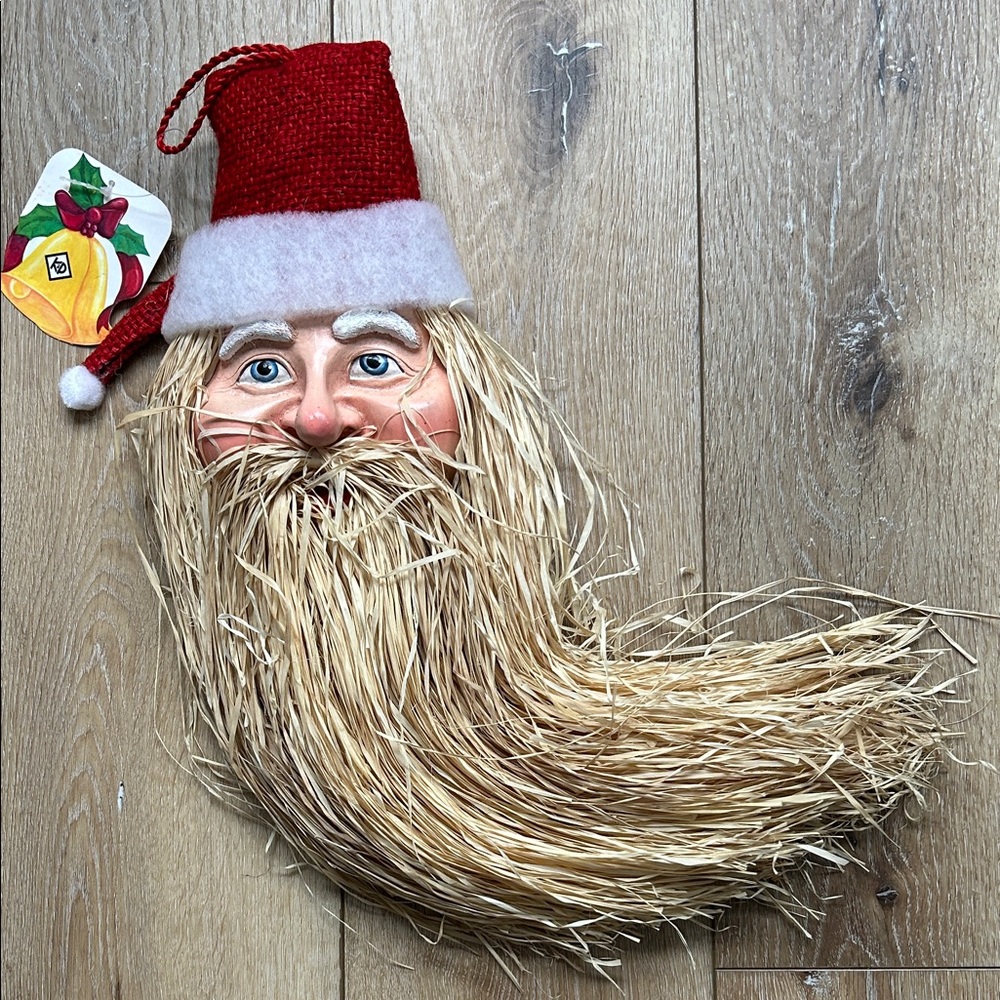 VINTAGE Hanging Paper Mache SANTA CLAUS FACE HAND PAINTED STRAW BEARD Folk Art